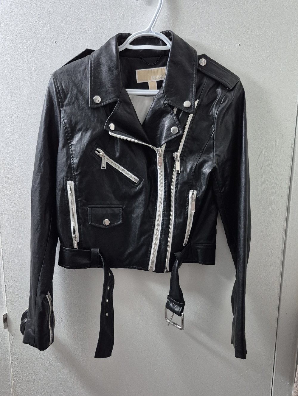 Michael Kors Black Moto Vegan Leather Jacket with Belt